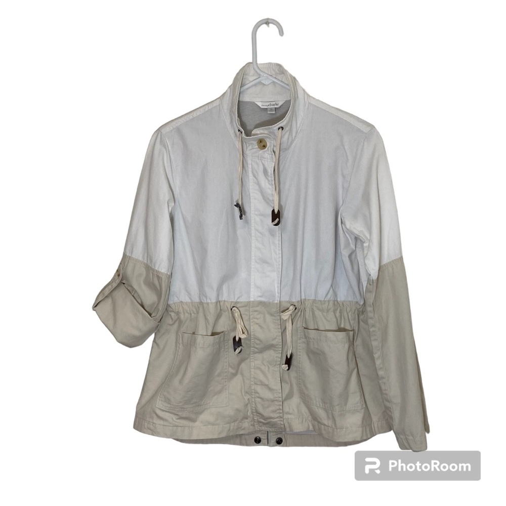 Charming Charlie Womens Cargo Jacket M White & Beige 100% Cotton Roll Tab Sleeve